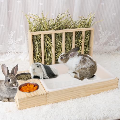 BESNEW 3 in 1 Rabbit Hay Feeder with Litter Box,Wooden Hay Feeder with 2 Bowls & Litter Box for Guinea Pig Chinchilla Bunny Other Small Animals,Large Capacity & Preventing Waste - color: Natural 1, size: 15.7in Style1