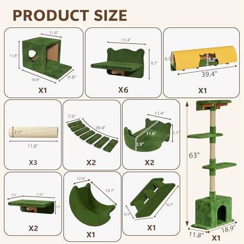 26-in-1 Cat Wall Shelves with Cat Tree, 40''L Tunnel, Moon, Green | Wall Mounted Cats Furniture Set with Plush Fabric, Cat Climbing Systems for 16 Inch Drywall, with Scratching Posts, Bridge - color: Green, size: 26-in-1