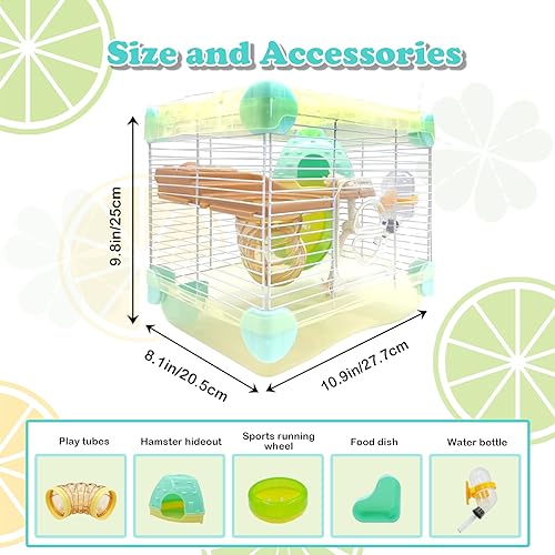 2 Layers Hamster Cage with Tubes Mouse Cage with Accessories Water Bottle Food Dish Transparent Hamster Habitat with Exercise Wheel for Hamster Guinea Pig Gerbil (10.9" x 8.1" x 9.8" Yellow) - color: 【Yellow】