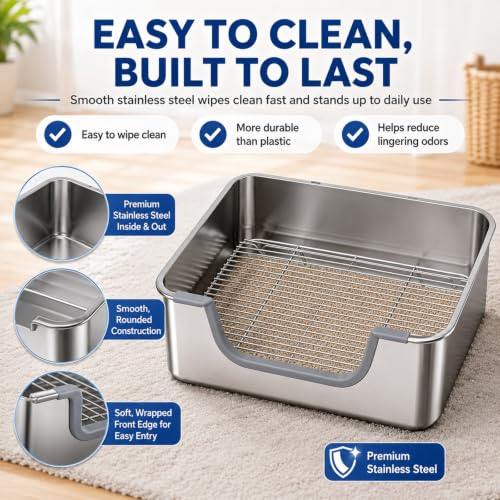 Stainless Steel Litter Box for Rabbit, Metal Bunny Litter Box Sifting Large | Non-Chewable, Easy to Clean, Long-Lasting Use, Odor Control, L: 17.2" x 13.4" x 5.9"