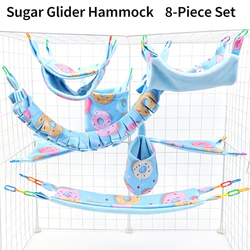 8 Pcs Sugar Glider Cage Set, Small Animal Fleece Hammock Set, Hanging Bed, Climbing Bridge and Toys for Sugar Gliders, Fancy Rats, Squirrels,Ferrets,Blue7126-2 - color: Blue