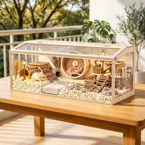 XiaZ Hamster Cage,48Inch Large Hamster Tank with Panoramic View and Ventilated Top, Spacious Acrylic Glass Habitat for Syrian Dwarf Hamsters and Degus, Natural Wood Frame Enclosure - size: 48.0"L x 20.0"W x 20.0"H