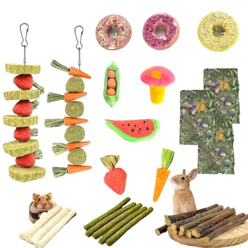 31 Pcs Small Pet Chew Toys for Dental Health - Natural Apple Wood, Timothy Grass Sticks & Sweet Bamboo, Teeth Grinding Toys for Rabbits, Guinea Pigs, Hamsters, Chinchillas Cage Accessories