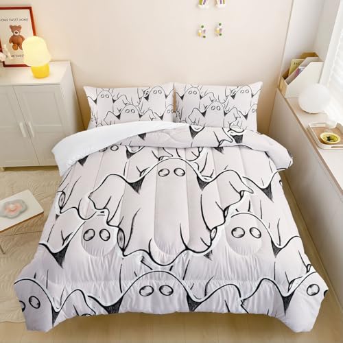 Nttopship Ghost Comforter Bedding Set with 2 Pillowcase Twin Size Black and White Comforter Set for Kids Boys Girls Bedroom Decor - color: Ghost, size: Twin
