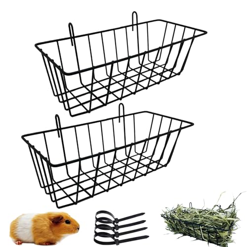 Rabbit Hay Feeder Rack Guinea Pig Hay Dispenser for Cage Hanging Metal Feeder Small Animals Hay Holder Manger for Rabbits Guinea Pigs Chinchillas Ferrets (Black - 2 in a Group)