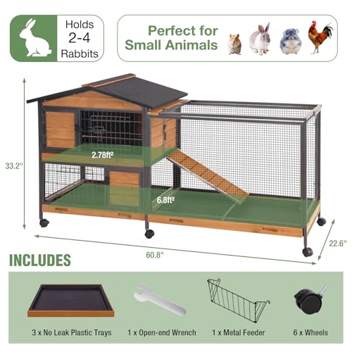 Large Rabbit Hutch Indoor Outdoor, Wooden Bunny Cage with Metal Frame, Chew-Proof Ramp, 3 Leakproof Pull-Out Trays, Rolling Wheels with Locks, Multi-Door Easy Access Small Animal Cage - color: Black-AIR19-X