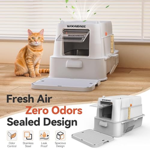 Wooaidagg Enclosed Stainless Steel Cat Litter Box with Odor Control, Modular Design with Drawer and Flip Door, Easy to Clean and Wash,Non-Stick Interior,Extra Large Size Fits All Cats(Light Grey) - color: Light Grey
