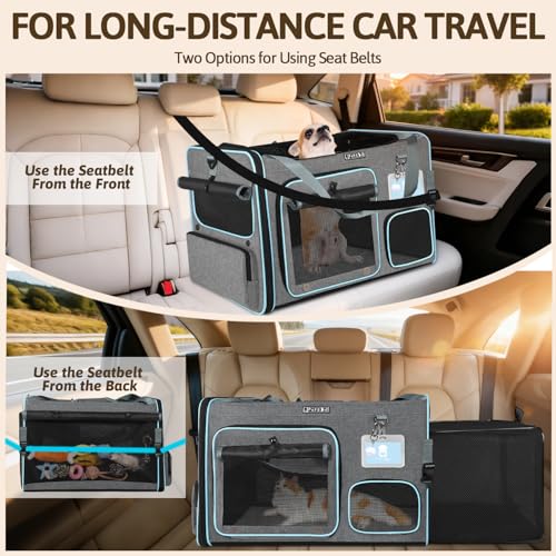 Side Expandable Extra Large Cat Carrier with Litter Box, Grey | 24"L x 17"W x 17"H, Privacy Curtain and Lockable Safety Zippers, for Long Distance Car Travel, Cats Under 55 lbs - color: grey
