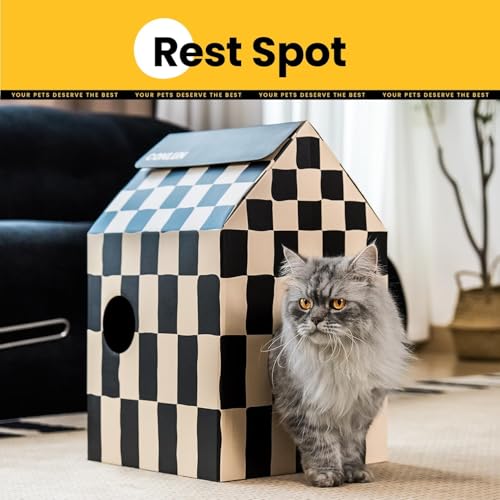 Conlun Cardboard Cat House with Scratch Pad & Catnip, Cat Play Scratching House for Indoor Hideaway Furniture, Heavy Duty Sturdy Cardboard Scratcher, Easy to Assemble Birthday Gift, Medium | 2-in-1 cozy cave, heavy-duty recycled cardboard | traps messy cr