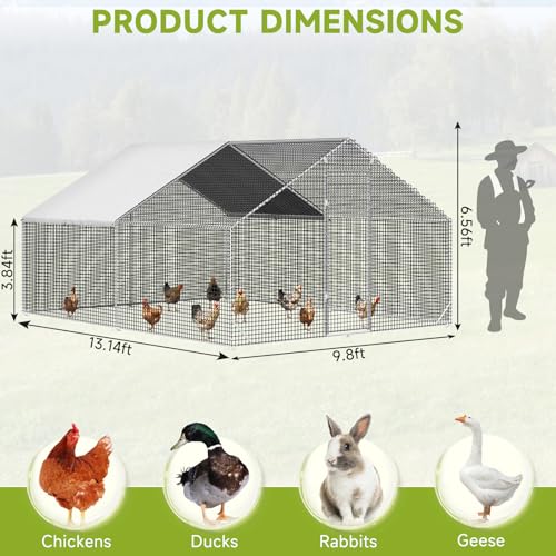 Large Walk-in Chicken Coop with Chicken Run, Galvanized Poultry Enclosure with Waterproof Anti-UV Cover and Security Lock, Ideal for Rabbit, Duck, Backyard and Farm Yard，13.1'x 9.8'x 6.6' - size: 157.7"L x 117.6"W x 78.7"H