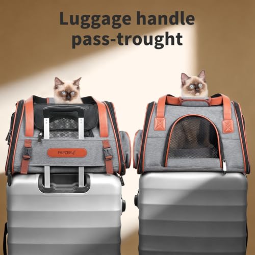 Premium Pet Carrier for Cat, Carry Purse with Head Hole, Seatbelt Buckles | High Qualiy Leather, Medium to Large Cat up to 20lbs, Small Puppy Dog 10lbs Car Travel Crate, Top & Side Load, Luggage Sleeve