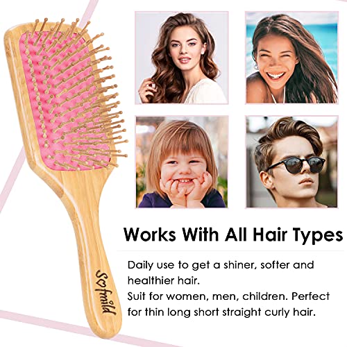 Sofmild Bamboo Hair Brush with Tail Comb, Pink Cushion Paddle Brush | Natural Wooden Hairbrush for Women Men Kids, 2 in 1 Comb Brush for Thick Curly Long Hair,Detangler Brush for Hair Growth - color: Rose