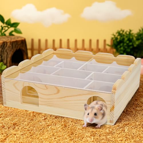 Wooden Hamster Maze with Clear Acrylic Cover, Multi-Chamber Hamsters Hide Tunnel Cage, Hideout Tunnel Toy Shed and Explore Toy for Dwarf Hamsters Mice Small Gerbil（Free-Installation）