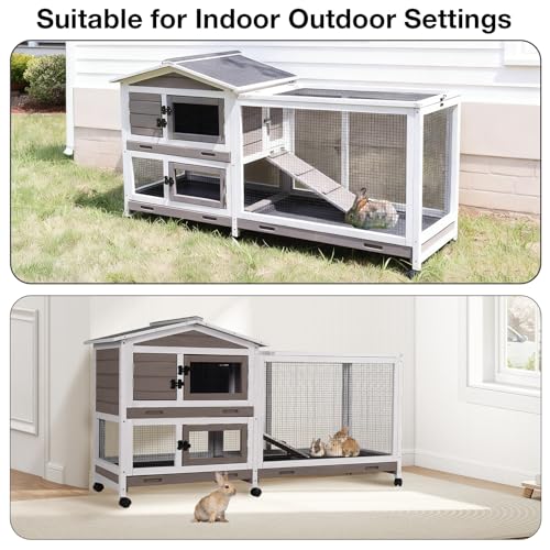 62″ 2-Story Large Rabbit Hutch with Chew-Proof Ramp, 3 Leakproof Trays, Waterproof Roof, 6 Lockable Wheels for Rabbits & Guinea Pigs (Brown) - color: (Brown)