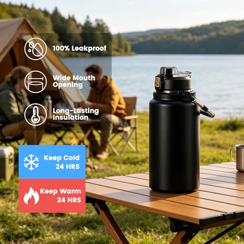 85oz Insulated Water Bottle 2-in-1 Lid,Black | Stainless Steel, Leak-Proof, 24H Cold & 12H Hot, Handle, for Gym, Camping, Hiking.