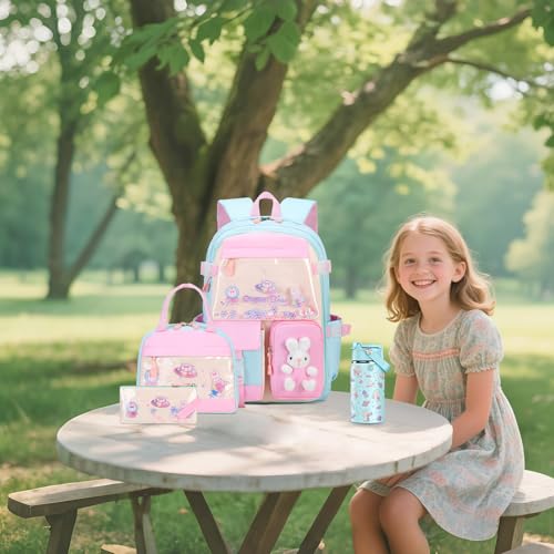 FIXITOK Girls Backpack with 14oz Insulated Water Bottle Set, Kawaii Bunny School Backpack for Girls with Kids Water Bottle Lunch Bag Pencil Case for Kindergarten Elementary Preschool School - color: W-aquamarine