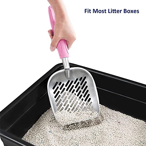 Cat Litter Scoop, Aluminum Alloy Sifter, Kitty Metal Scooper, Deep Shovel with Diagonal Sifting Hole, Long Handle, Kitten Poop Lifter for Litter Box, Medium Size, Pink Handle - color: #10 Pink, size: Medium