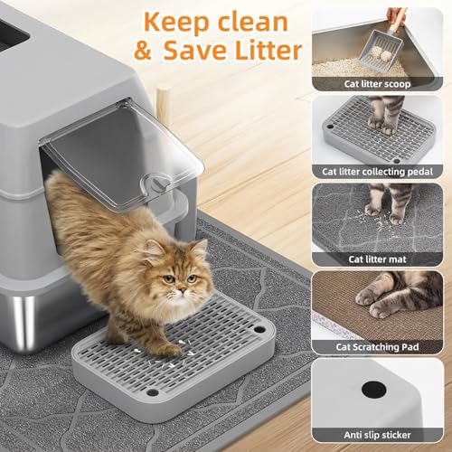 Stainless Steel Litter Box with Lid,Front Entry Top Exit Kitty LitterBox,Extra Large Enclosed Metal Cat Box with Litter Scoop & Litter Mat-Light Gray - color: Light Gray