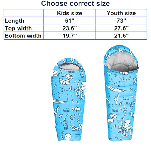 KidzAdventure Mummy Style 32 – 59F Kids Sleeping Bag with Pillow Sleeve, 4 Season, Lightweight and Backpacking Style, Ideal for Camping, Sleepover, Boys, Girls, and Youth - color: Aqua kids up to 4\'3"
