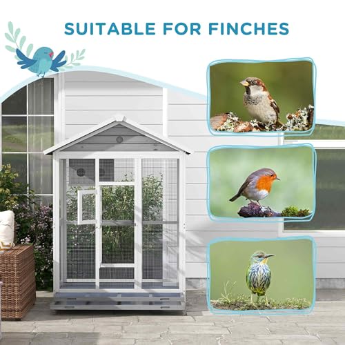 PawHut 64.5" Wooden Bird Cage Aviary, Flight Cage with 4 Perches, Nest and Slide-Out Tray for Indoor/Outdoor, Gray | 4 Perches, Nest, Slide-Out Tray