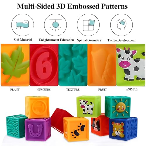 Kingtree Baby Blocks, 9PCS Soft Squeeze Building Blocks Stacking Toys for 6+ Months Babies, Baby Teething Chewing Educational Blocks Set with Numbers Animals Shapes Textures