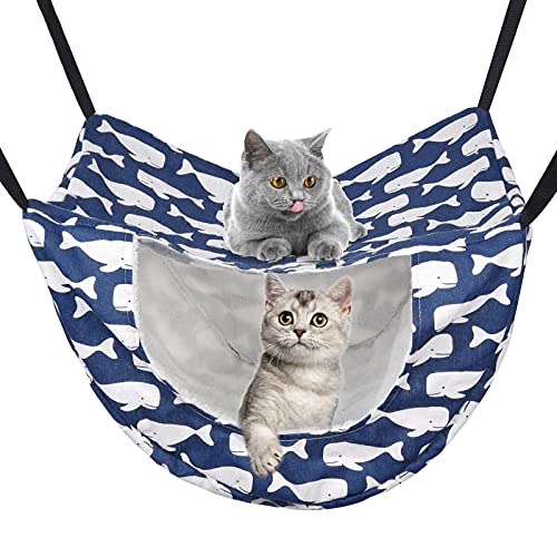 Petmolico Cat Hammock for Indoor Cats, 2 Tier Hanging Cat Cage Hammock with Soft Fleece Pet Bed for Kitten Raccoon Ferrets Gerbils, Blue Whale