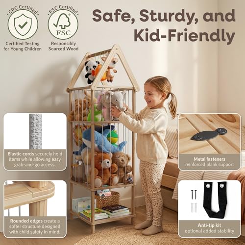 Kid Stuffed Animal Storage Corner, 3 Heights Adjustable (36", 45.5", 55.5") Wooden Zoo Stuffed Animal Organizer with Bottom Shelf, Durable Elastic Plushies Storage Cord - Teddy Bear Holder