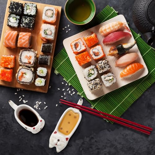 6 Pcs Cute Soy Sauce Dipping Bowls, Small Ceramic Dipping Dishes, Mini Cat Shape Sushi Tray with Chopstick Holder Tableware for Seasoning Oil Vinegar Ketchup Wasabi, Japanese Style