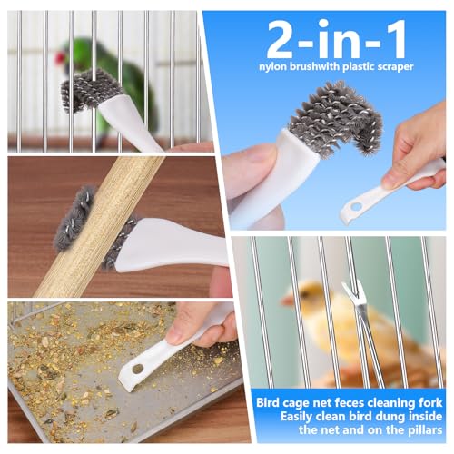 Bird Cage Cleaner Brush Kit Accessories,4 Pcs | Bird Poop Remover Cleaning Tools Set Accessories for Small,Medium,Large,Tall,Parakeet,Budgie,African Grey Parrot Birds Cage