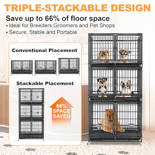 Homey Pet 3 Tiers 43" Heavy Duty Dog Crate Bank with Wheels, 43T x 2 & 43S | Double Stackable Kennel with Divider, Dual Door, Auto Locks, Removable Tray, Bowl, Ideal for Small, Medium to Large Dogs - size: 42.5"L x 28.0"W x 88.0"H