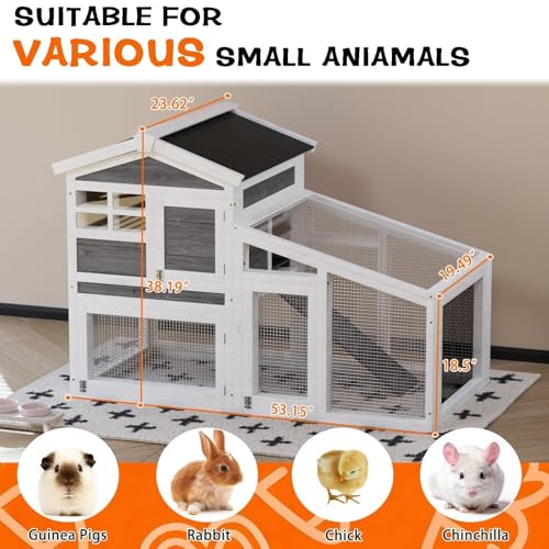 2-Tier Wooden Rabbit Hutch - 54" Indoor/Outdoor Bunny Cage with Weatherproof Asphalt Roof, Non-Slip Ramp & Removable Tray, for Rabbits Guinea Pigs Chickens Grey | Grey Bunny Hutch With Weatherproof Asphalt Roof, Non-Slip Ramp, for Rabbits Guinea Pigs Chic