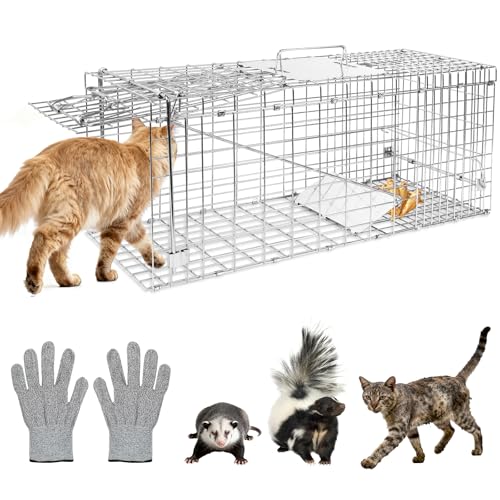 Humane Live Animal Trap Cage 32" × 13" × 11",Heavy-Duty Live Catch Cage for Raccoon, Squirrel, Stray Cats, Groundhogs, Armadillos, Opossums, Rabbits, Skunk, Mole, Small Wildlife Control - size: 32"×13"×11"