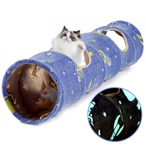 Glowing Astronaut Pattern Cat Tunnel - Collapsible with Plush Balls, Ideal for Indoor Cats, Rabbits, Kittens, Ferrets & Puppies (Blue) - color: BLUE