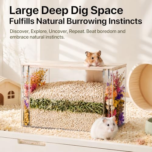 Fully Detachable Hamster Digging Box, Removable Acrylic Panels & Wooden Lid, Extra Deep Clear Panoramic Burrow, Dual-Side DIY Habitat, L Size for Syrian Hamsters, Gerbils, Degus - size: L(11.42''8.07''7.68)