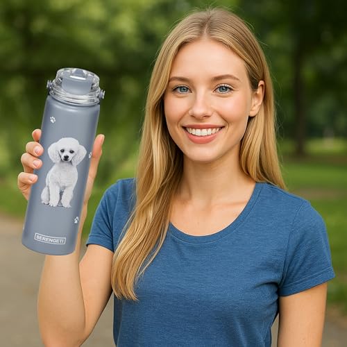 SERENGETI 24 Oz Water Bottle Stainless Steel with Spill Proof Lid - Double walled Vacuum Insulated water flask - Realistic 3D Print of your favorite dog (Poodle) - color: Poodle
