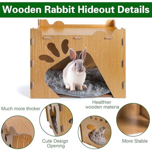 Yesland Rabbit Hideout Castle, Large Wooden Bunny Houses and Hideouts with Pet Pad, Detachable Small Animal Play Hideaway Hut and Playhouse for Indoor Bunnies Guinea Pig Hamster Chinchilla Gerbi
