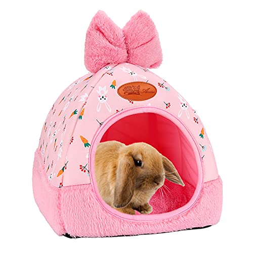 YUEPET Bunny Hideout House, Rabbit Bed, Cute Bowknot Guinea Pig Bed, Carrot | Cozy Warm Bunny Hideway, Removable Cushion, Machine-Washable, Wide Entry, Small Pets Hideout