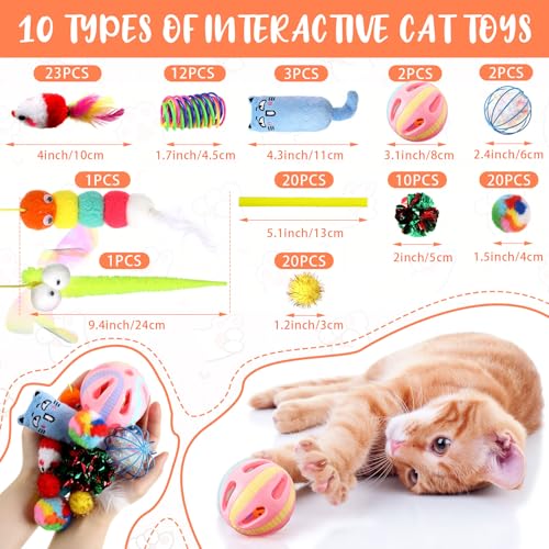 Shappy 150 Pcs Cat Toys for Indoor Cats Bulk, Kitten Toys Pack, Variety Interactive Gift Including Mice Rainbow Balls Spring Crinkle Balls Gift for Kitty Kitten Cat(Funny) - style: Funny
