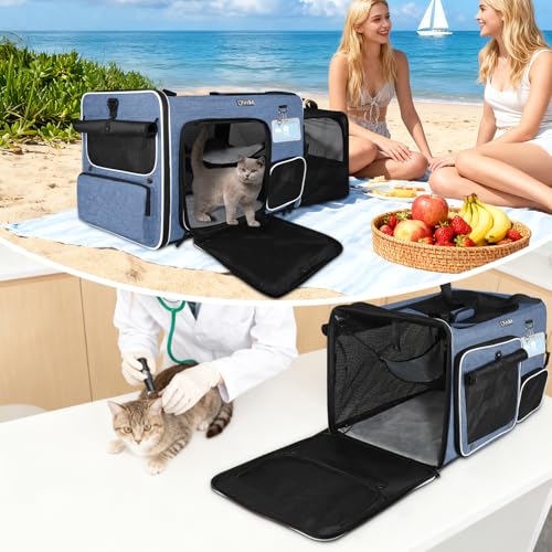 Side Expandable Extra Large Cat Carrier with Litter Box, Blue | 24"L x 17"W x 17"H, Privacy Curtain and Lockable Safety Zippers, for Long Distance Car Travel, Cats Under 55 lbs - color: blue
