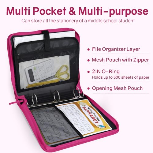 SUNEE Zippered Binder Bag with Handle, 2-Inch 3-Ring O-Ring, 500-Sheet Capacity, Includes Zip Pocket, 5-Tab Expanding File Folder, Multi-Pocket Organizer Binder for Middle School, Berry Pink - color: Berry Pink