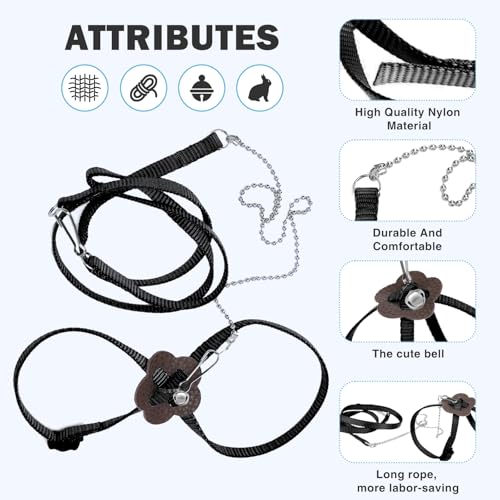 2 Pack Adjustable Hamster Leash Harness for Harness for Ferret Baby Rabbit Hamster Rat Mouse Leash Lead with Bell (Black) - color: black