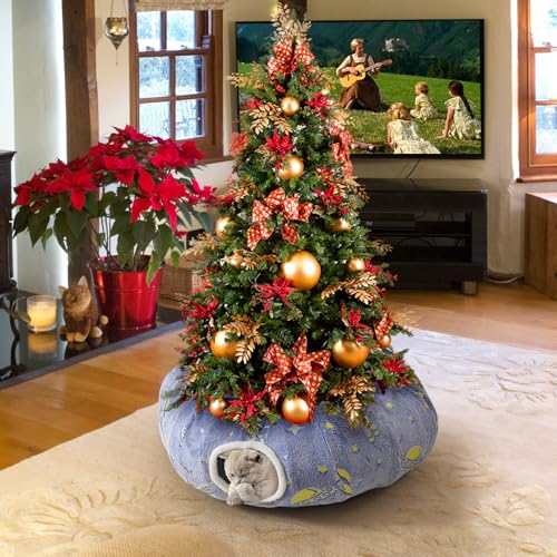 Under Christmas Tree Large Cat Tunnels Bed Tube for Indoor Cats Glows in The Dark Cat Tunnel with Cushion and Plush Ball Toy Toys for Dog Puppy Kitten Rabbit Bunnies Ferret Pet Blue - color: Blue Bed
