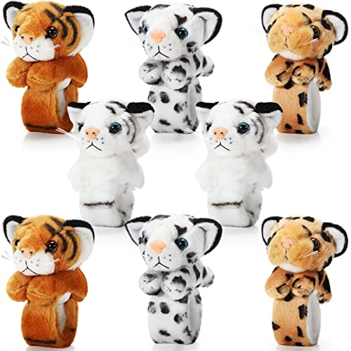 Lenwen 8 Pcs Stuffed Tiger Leopard Animals Slap Bracelets for Kids 8.66 Inch Back to School Plush Animal Bracelets Adopt a Tiger Cheetah Party Favors Wrist Slap Snap Band Toy for Boys Girls Birthday - style: Tiger and Leopard