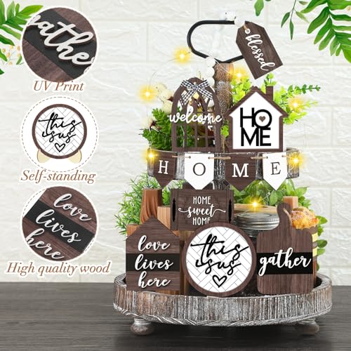 FairySandy 11 Pcs Home Tiered Tray Decor Spring Rustic Farmhouse Tiered Tray Decorations Set Home Wooden Signs Vintage Farm Animal Farmhouse Tabletop Wood Signs for Kitchen Table Shelf Decor - style: Brown Style