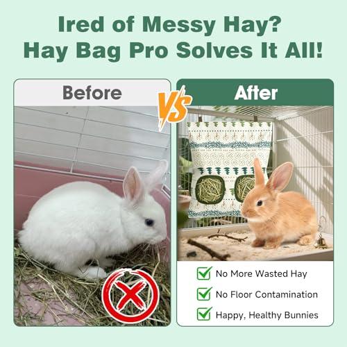 Rabbit Hay Bag 2 Pack - 2 Holes Hanging Bunny Hay Feeder Holder with Metal Hooks, Oxford Cloth Guinea Pig Feeding Bag Storage for Chinchillas Hamsters and Small Animals (White Green) - color: White Green