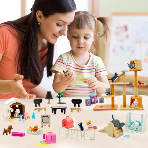 60PCS Realistic Cat & Dog Figures Playset - Educational Pet Pretend Play Toys for Kids Ages 3+, Role Play Kit with Animal Figures & Accessories for Boys & Girls Learning & Imagination Development