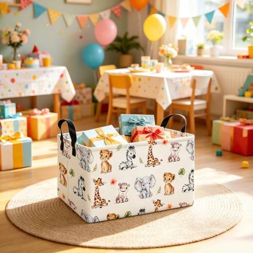 Rectangular Safari Animal Storage Bin, Fabric Closet Organizer Basket | Reinforced side grips, foldable container arranges wardrobe and bedroom daily belongings - color: REC Safari Animal