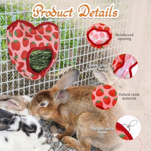 Rabbit Hay Feeder, 1 Hole Hanging Hay Bag for Rabbits Guinea Pig Bunny Chinchillas Washable Rabbit Hay Holder 10.6x11.8inch - color: heart strawberry