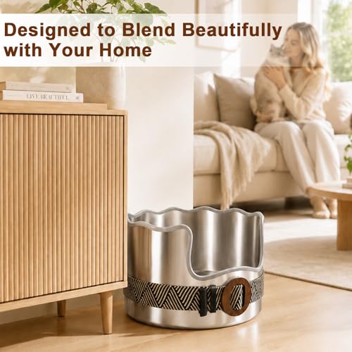 Round Stainless Steel Cat Litter Box High Sided, Large Metal Litter Box with Fashion Woven Belt, Easy Access & Turning Litter Pan for Medium & Senior Cats, Kittens, Odor Control, Easy to Clean