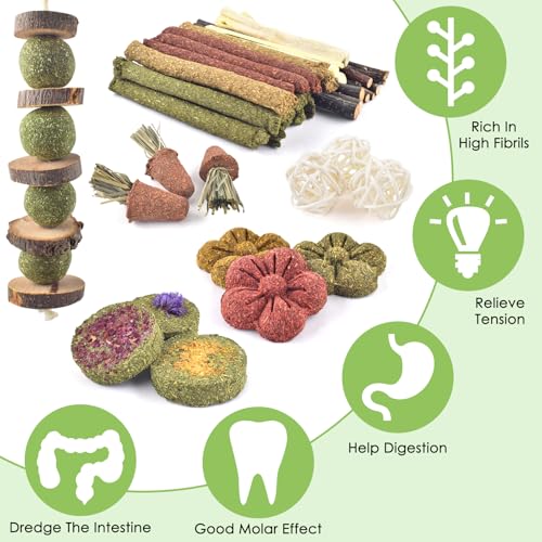 ERKOON 42PCS Rabbit Chew Toys, Natural Timothy Grass Cakes Guinea Pig Toys, Small Animal Teeth Grinding Treats for Bunny Hamster Chinchilla, Safe Dental Care Snacks - size: 42